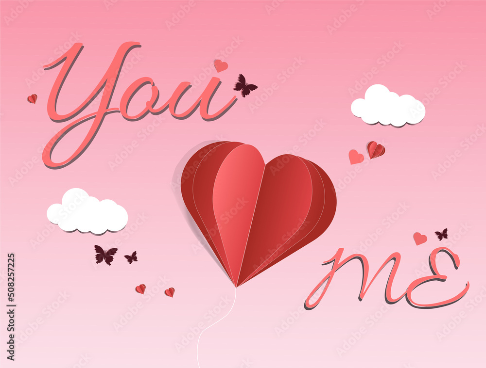 Love letter and calligraphy words with cute paper hearts on pink and white background for use on love using paper art,