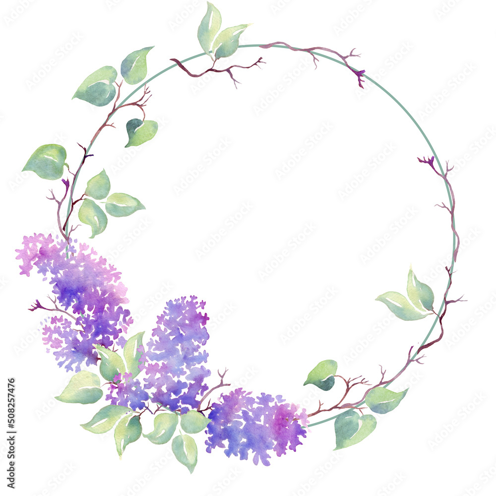 Lilac wreath. Watercolor illustration. Hand-painted