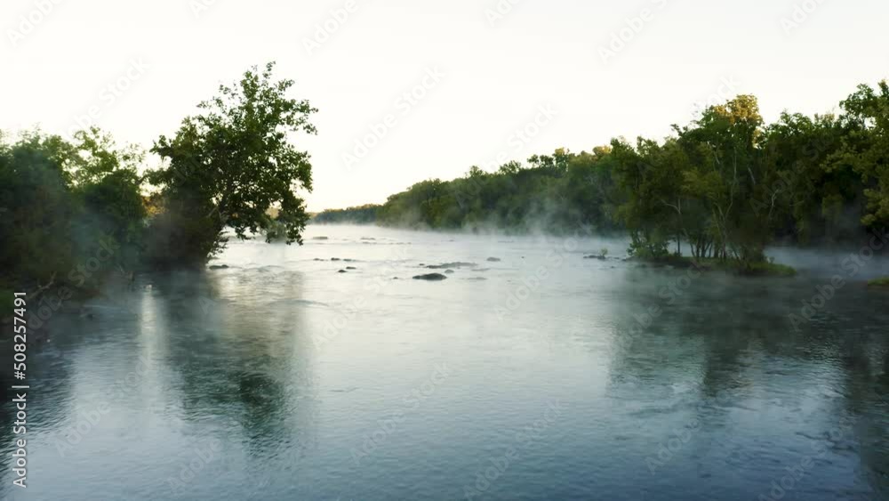 Peaceful Foggy Winding River at Dawn, Aerial View Peaceful Foggy Winding River at Dawn, Aerial View