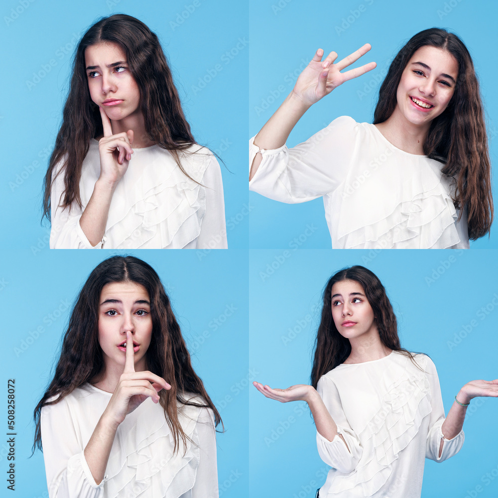 Collage of a young teen girl, thoughtful, curious, wondering Collage of a young teen girl, thoughtful, curious, wondering