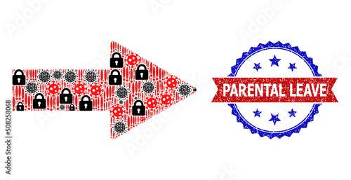 Vector sars virus mosaic arrow direction icon, and bicolor scratched Parental Leave seal. Mosaic arrow direction icon is designed with SARS virus, lockdown, exclamation elements.