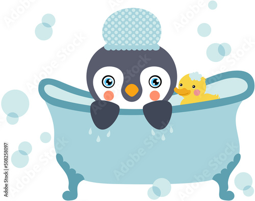 Baby boy penguin taking a bath with shower duck