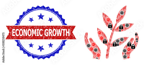 Vector sars virus mosaic agriculture care hands icon, and bicolor textured Economic Growth seal. Mosaic agriculture care hands icon is designed with virus outbreak, lock, danger items.