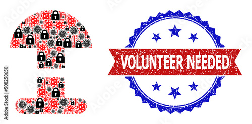 Vector sars virus mosaic alarm button icon, and bicolor scratched Volunteer Needed seal. Mosaic alarm button icon is designed with flu virus, security, exclamation elements.