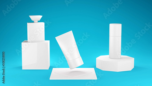 bottle and tube skin care set on white background 3d render