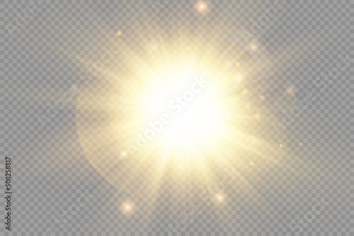 Glow light star, yellow sun rays, gold glare bokeh