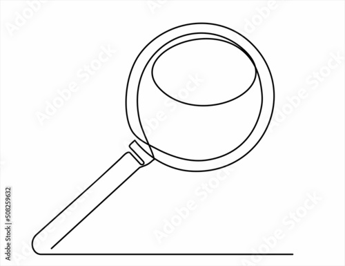 Magnifying glass in continuous one line drawing. Concept of Business analysis in simple outline style. Used for logo, emblem, web banner, presentation. Doodle Vector Illustration