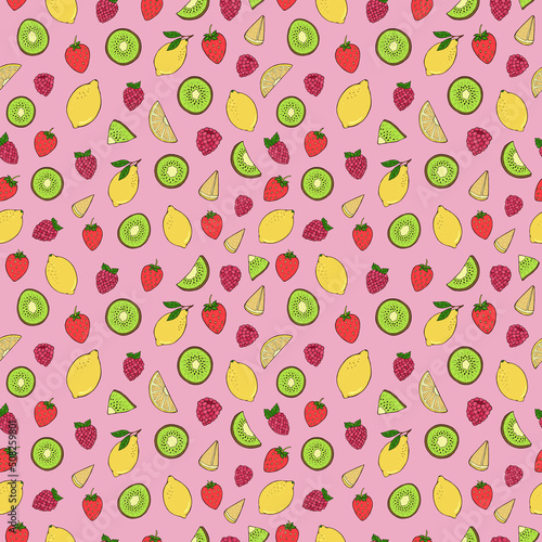 Seamless vector pattern of fruits and berries. Decoration print for wrapping, wallpaper, fabric, textile. 