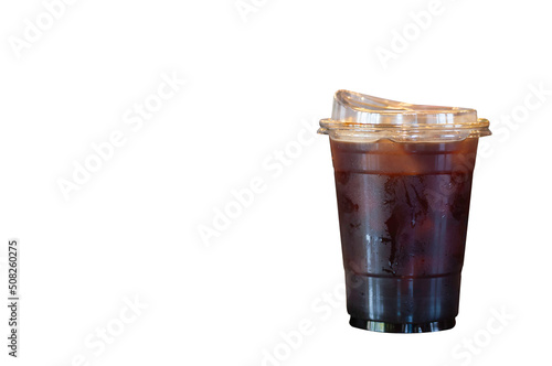 Isolate on white black coffee ice black coffee takeaway plastic glass with ice and clipping path.