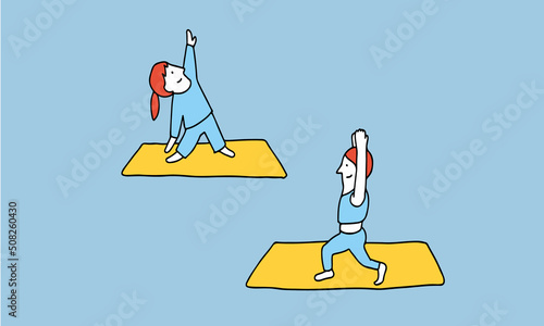 ヨガマットの上でヨガをする二人のイラスト
