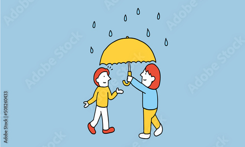 雨の中、傘をさしてくれる女性のイラスト