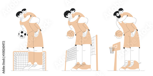 Sports family, brother with ball. Game vector illustration in flat style with outline. Line art. Isolated template with football gate, volleyball net, basketball hoop. Father rides son on back