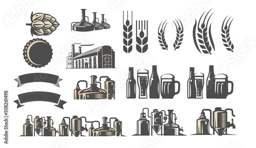 Fotografia, Obraz Brewery beer elements. Icons, hop lager and pub set.