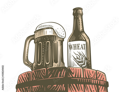 Beer mug with bottle on old barrel vector sketch