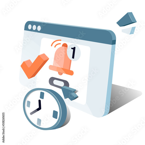 Reminder. Business planning, events, reminders and schedule. 3d model with a notification call and a clock. Vector graphics on a white background