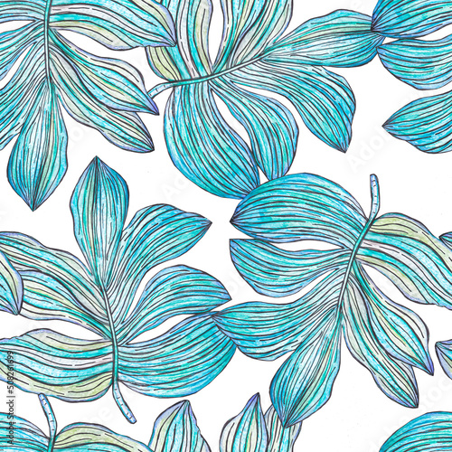 Leaves seamless pattern. Watercolor, liner.