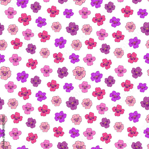 Seamless vector pattern of violets flowers. Background for greeting card, website, printing on fabric, gift wrap, postcard and wallpapers. Pansy flowers.
