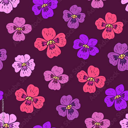 Seamless vector pattern of violets flowers. Background for greeting card  website  printing on fabric  gift wrap  postcard and wallpapers. Pansy flowers.