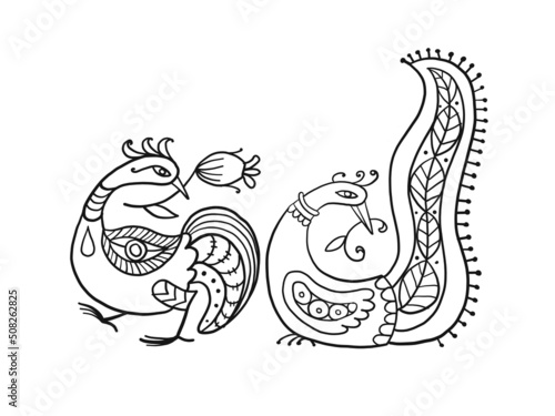 Couple of magic birds isolated on white. Art for your design