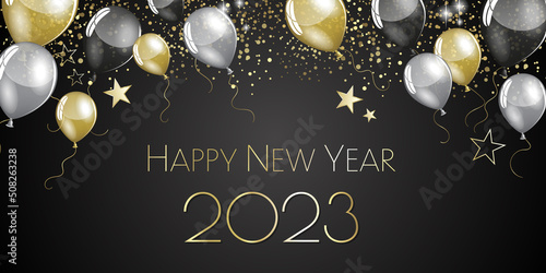 happy new year 2023 - Black and gold balloons and stars - party festive design