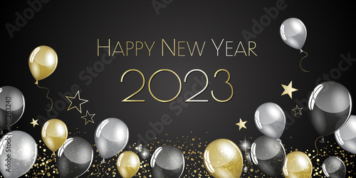 happy new year 2023 - Black and gold balloons and stars - party festive design