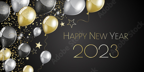 happy new year 2023 - Black and gold balloons and stars - party festive design