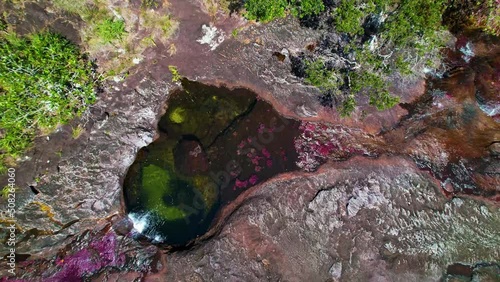 View straight down on the rusty colored Caño Cristales River flowing through the rocky bed of the rainforest in Colombia