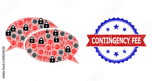 Vector sars virus mosaic forum messages icon, and bicolor textured Contingency Fee stamp. Mosaic forum messages icon is constructed with flu virus, lockdown, exclamation items.