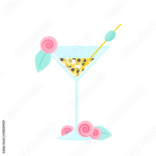 Cocktail glass icon. Cartoon illustration of a sparkling wine glass decorated with flowers isolated on a white background. Vector 10 EPS.