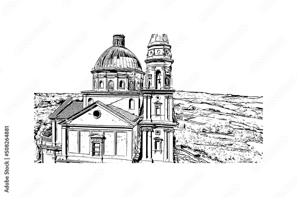 Building view with landmark of Montepulciano is the 
town in Italy. Hand drawn sketch illustration in vector.