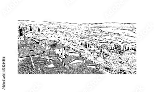 Building view with landmark of Montepulciano is the 
town in Italy. Hand drawn sketch illustration in vector.