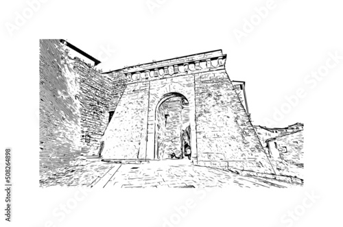 Building view with landmark of Montepulciano is the town in Italy. Hand drawn sketch illustration in vector.