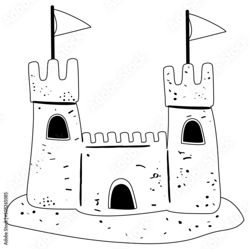 Sand castle hand drawn naive art. Vector coloring illustration