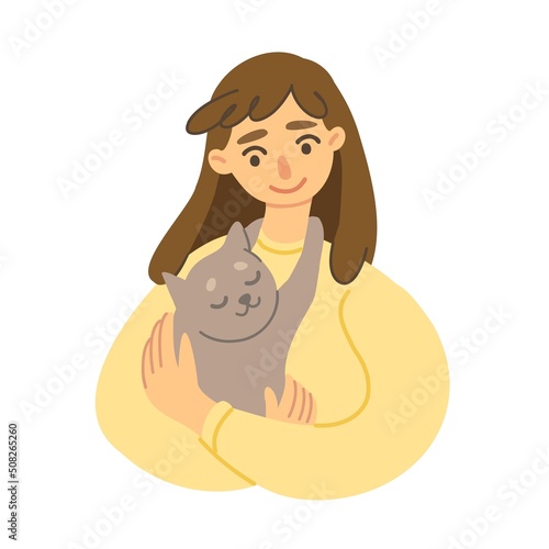 Woman hugging a cat. Girl with a pet in her arms. Portrait of cat lover. Flat style vector illustration isolated on white background.