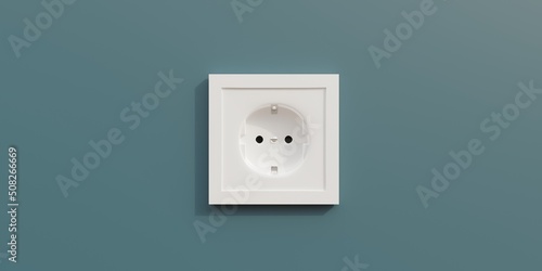 Electric socket isolated on blue wall. Power supply plug outlet, white close up. 3d render