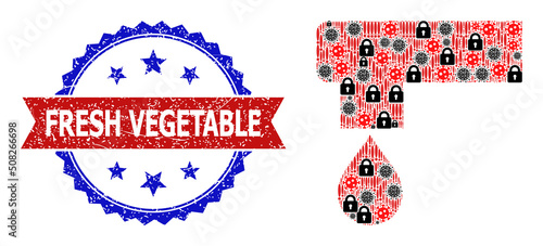 Vector sars virus mosaic kitchen tap icon, and bicolor rubber Fresh Vegetable seal stamp. Mosaic kitchen tap icon is designed with covid virus, lockdown, danger elements.