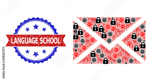 Vector virus collage letter icon, and bicolor scratched Language School seal stamp. Mosaic letter icon constructed with sars virus, lock, exclamation icons.