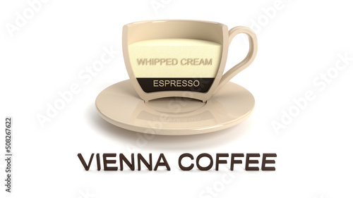 Cutaway coffee cup. Vienna coffee. Cup on a white background. Types of coffee. 3D render.