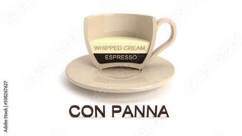 Cutaway coffee cup. Con panna coffee. Cup on a white background. Types of coffee. 3D render.
