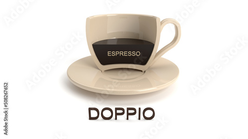 Cutaway coffee cup. Doppio coffee. Cup on a white background. Types of coffee. 3D render.
