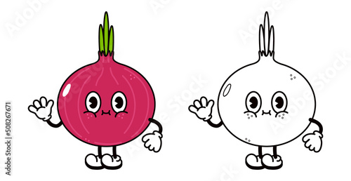 Cute funny onion waving hand character outline cartoon illustration for coloring book. Vector hand drawn traditional cartoon vintage, retro, kawaii character. Isolated on white background