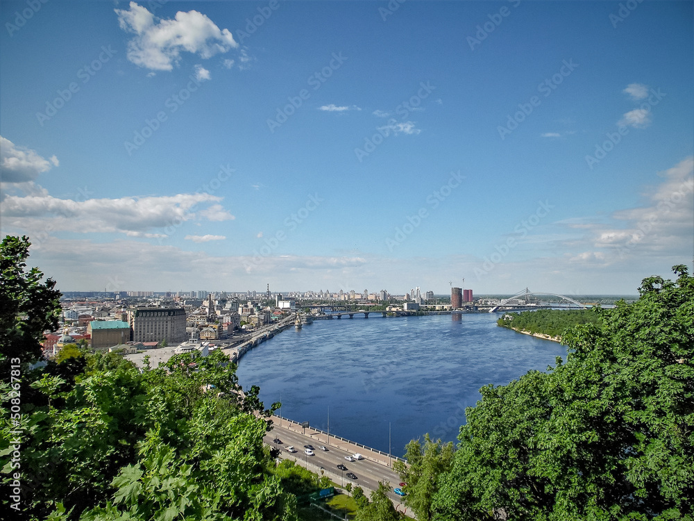 View of the Dnieper River from the observation deck in the City of Kyiv, Ukraine