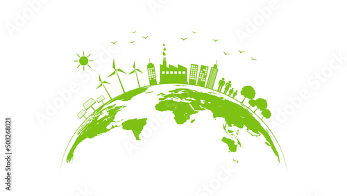 Ecology concept with green city on earth, World environment and sustainable development concept, vector illustration
