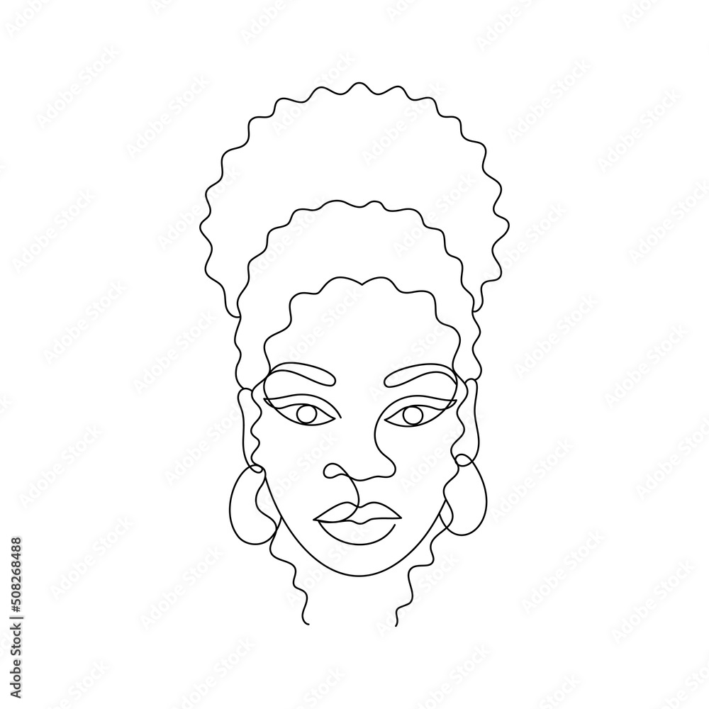 Face of an Afro American woman in a modern abstract minimalist one line style with minimal shapes. Continuous black line of an African girl simple drawing. Isolated on white. Vector illustration. Face of an Afro American woman in a modern abstract minimalist one line style with minimal shapes. Continuous black line of an African girl simple drawing. Isolated on white. Vector illustration.