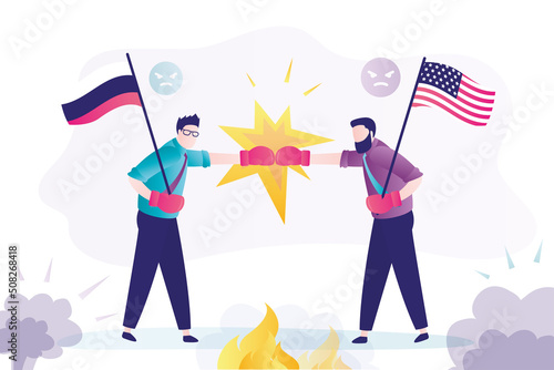 Politicians holding flags of Russia and United States, diplomats fighting, boxing match. Conflict, global confrontation. American sanctions against Russia.