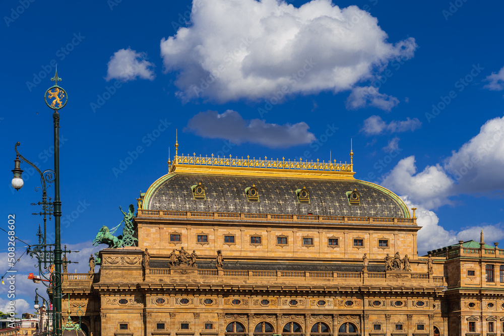 National theater in Prague under the blue sky and white clouds on a sunny day, the largest opera and drama theater in the Czech Republic, cultural attractions in Europe