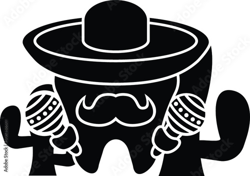 Cartoon Tooth Mexican Maracas Mustache Sombrero Teeth Molar Oral Dental Hygiene Dentist Dentistry Black and White Design Illustration 