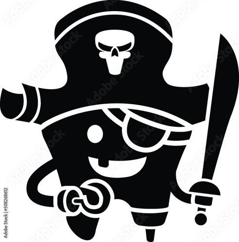 Cartoon Tooth Pirate Hat Cutlass Hook Peg Leg Teeth Molar Oral Dental Hygiene Dentist Dentistry Black and White Design Illustration 