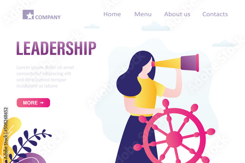 Confident businesswoman, boat captain control steering wheel helm and uses spyglass for future vision. Business leadership, landing page template. Visionary to lead company success