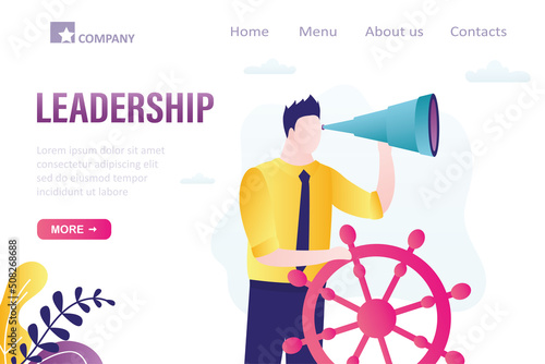 Confident businessman, boat captain control steering wheel helm and uses spyglass for future vision. Business leadership, landing page template. Visionary to lead company success,